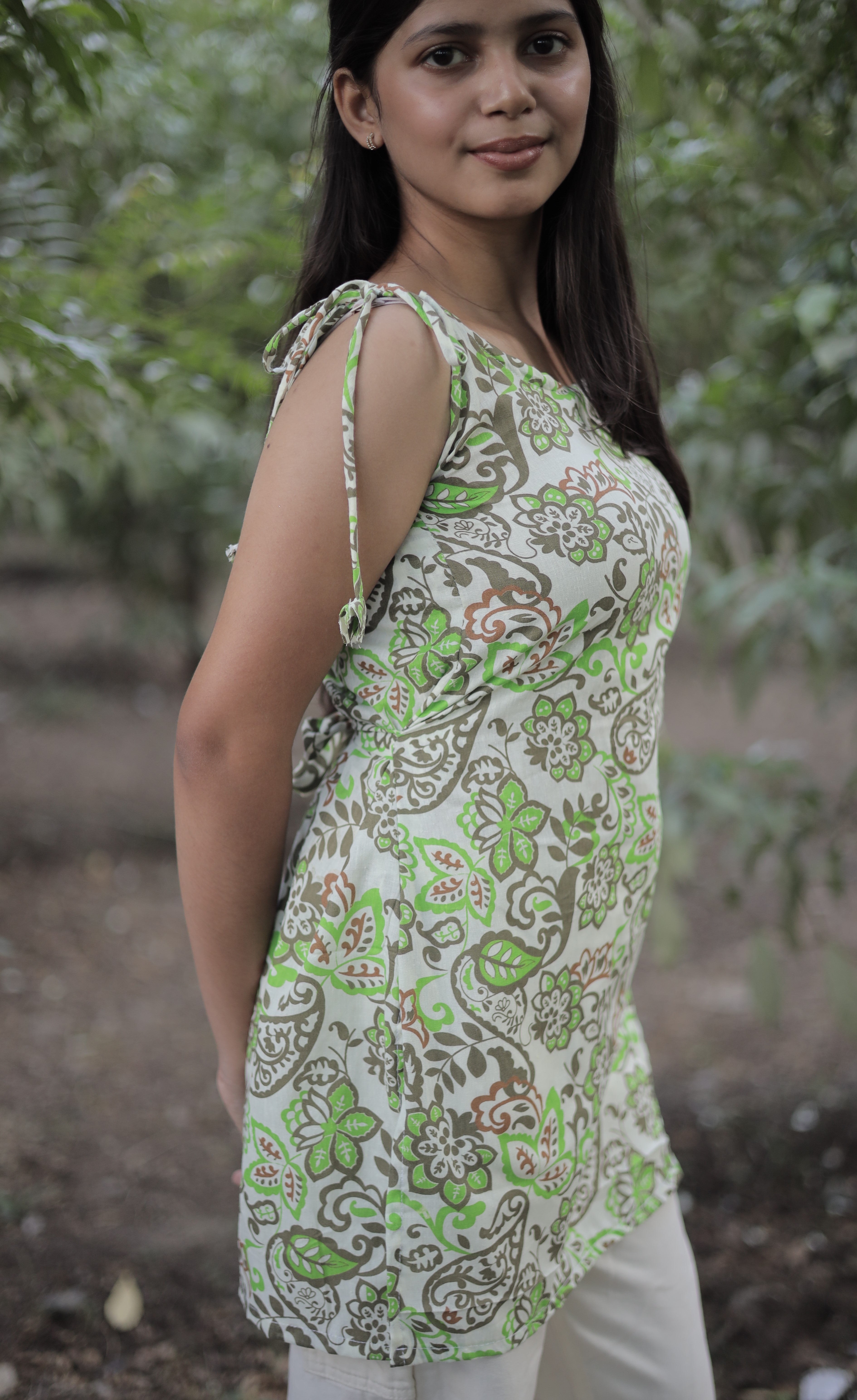 Floral Vine Print Tie-Shoulder Cotton Kurti – Green & Beige
