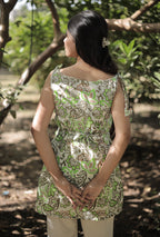 Floral Vine Print Tie-Shoulder Cotton Kurti – Green & Beige