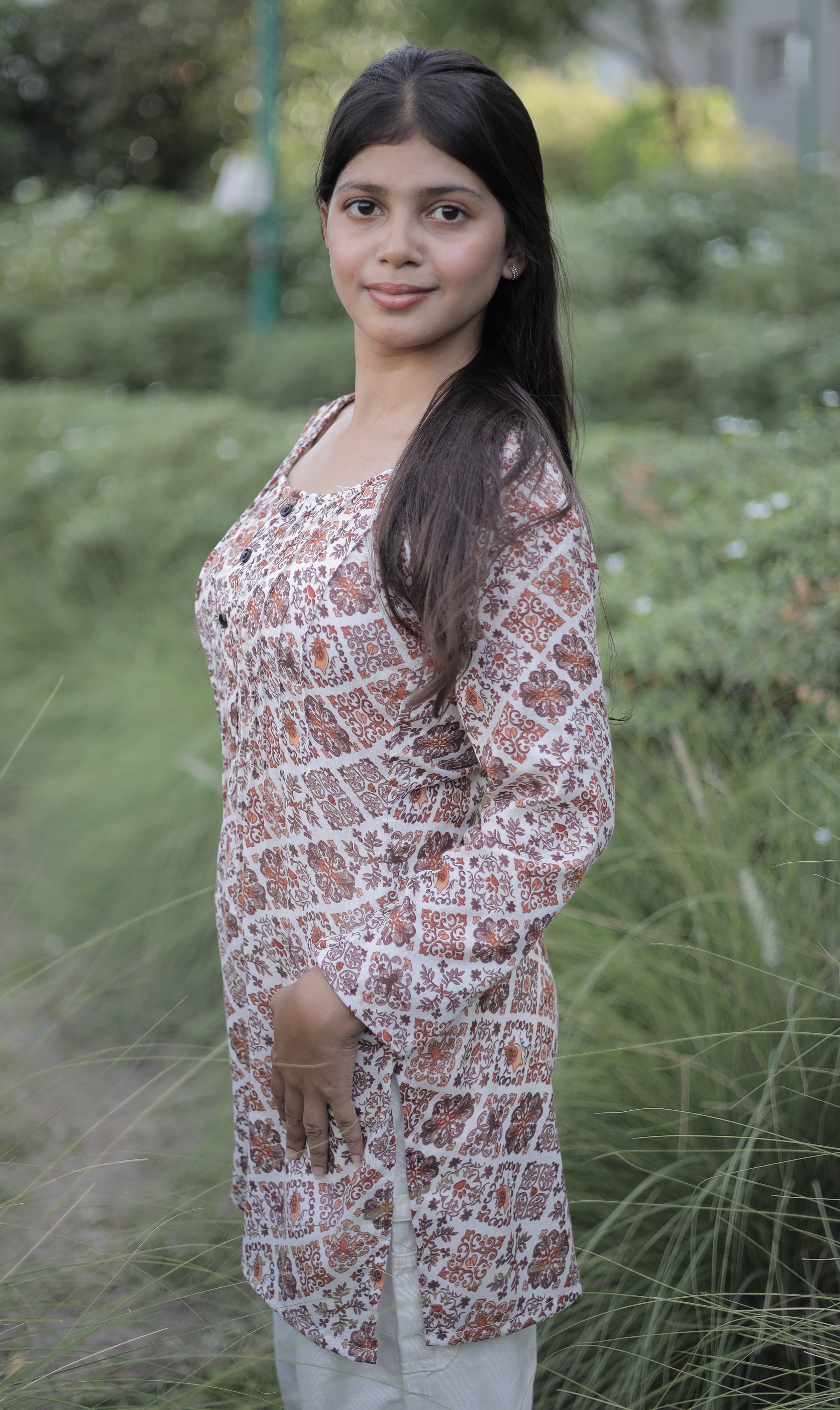 Brown Vintage Motif Printed Kurti