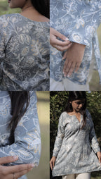 Mist Grey Floral Printed Straight Kurti – Full Sleeve Cotton Tunic