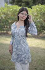 Mist Grey Floral Printed Straight Kurti – Full Sleeve Cotton Tunic