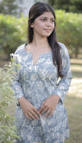 Mist Grey Floral Printed Straight Kurti – Full Sleeve Cotton Tunic