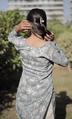 Mist Grey Floral Printed Straight Kurti – Full Sleeve Cotton Tunic