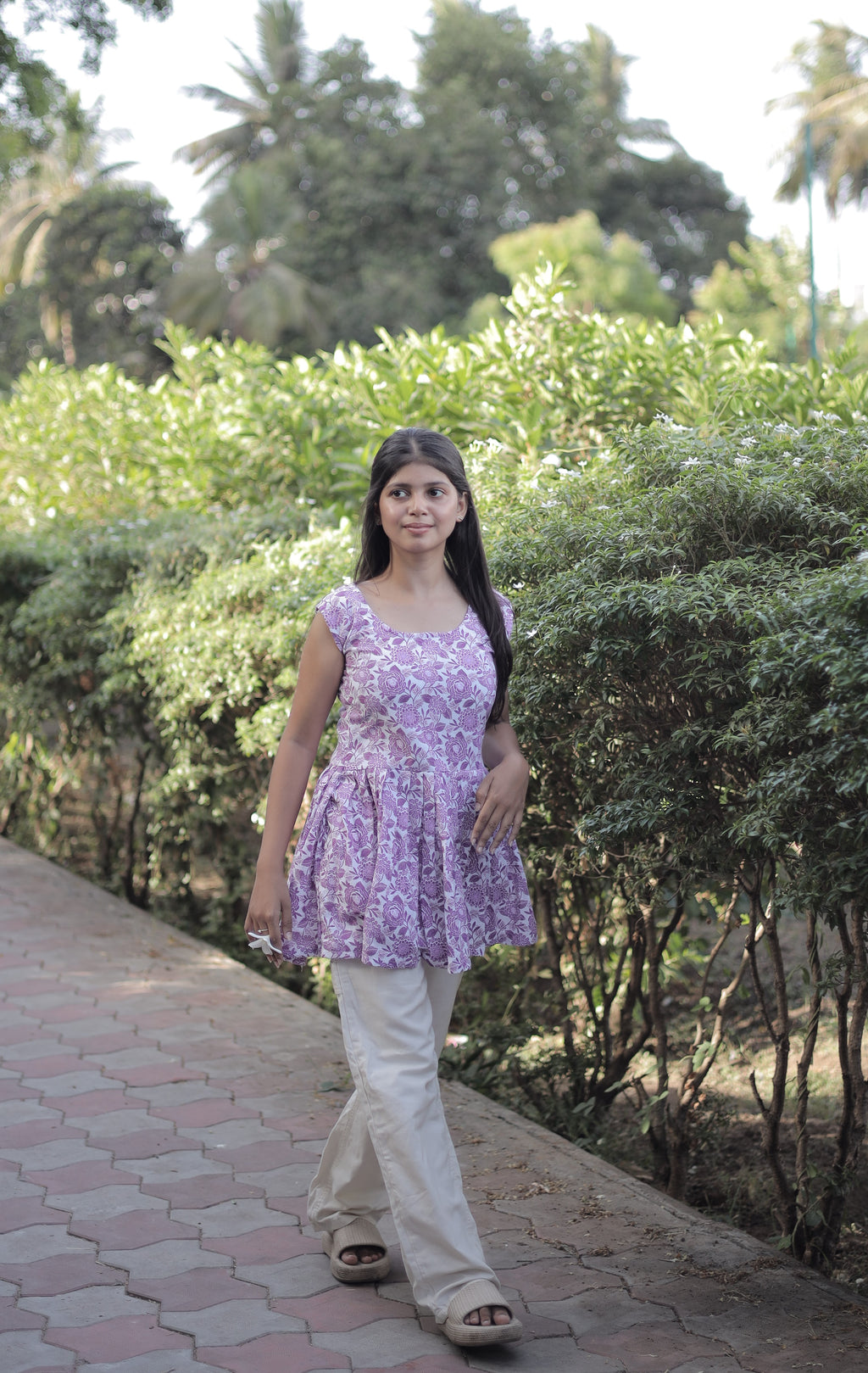 Lavender Bloom Peplum Kurti – Floral Printed Cotton Top for Women