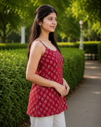 Women's Maroon Printed Cotton Camisole Short Kurti | Sleeveless A-Line Summer Top