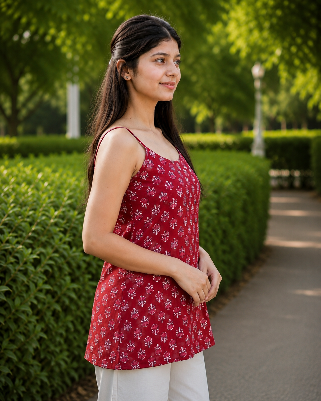 Women's Maroon Printed Cotton Camisole Short Kurti | Sleeveless A-Line Summer Top