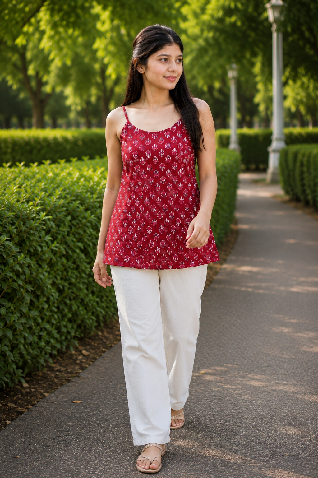 Women's Maroon Printed Cotton Camisole Short Kurti | Sleeveless A-Line Summer Top