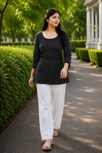 Women's Black Printed Cotton Short Kurti | 3/4 Sleeves A-Line Tie-Back Kurti Top