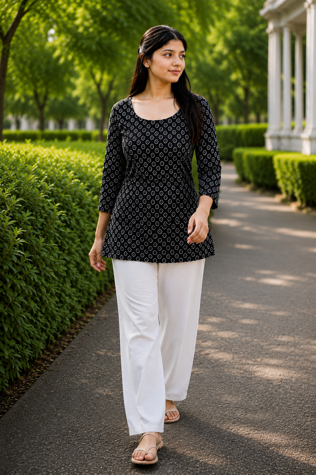 Women's Black Printed Cotton Short Kurti | 3/4 Sleeves A-Line Tie-Back Kurti Top