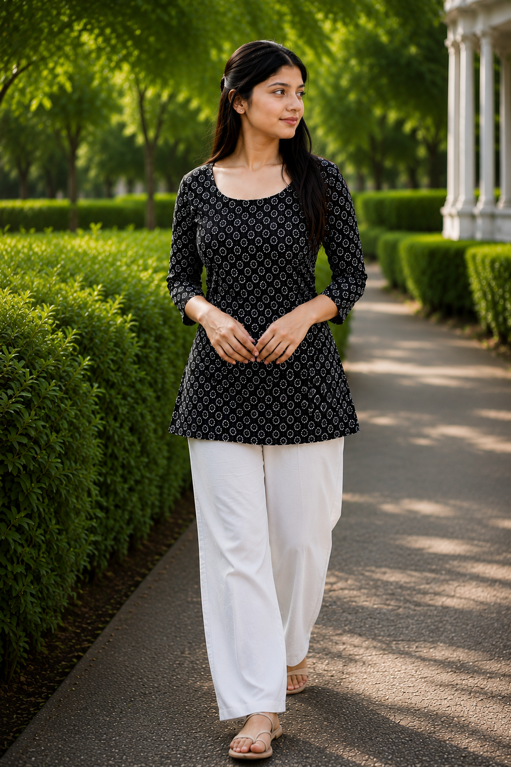 Women's Black Printed Cotton Short Kurti | 3/4 Sleeves A-Line Tie-Back Kurti Top
