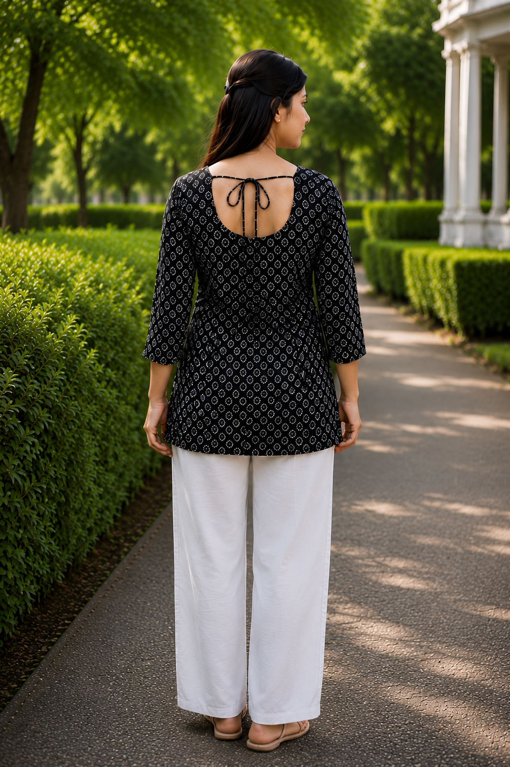 Women's Black Printed Cotton Short Kurti | 3/4 Sleeves A-Line Tie-Back Kurti Top