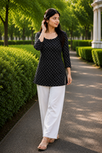 Women's Black Printed Cotton Short Kurti | 3/4 Sleeves A-Line Tie-Back Kurti Top